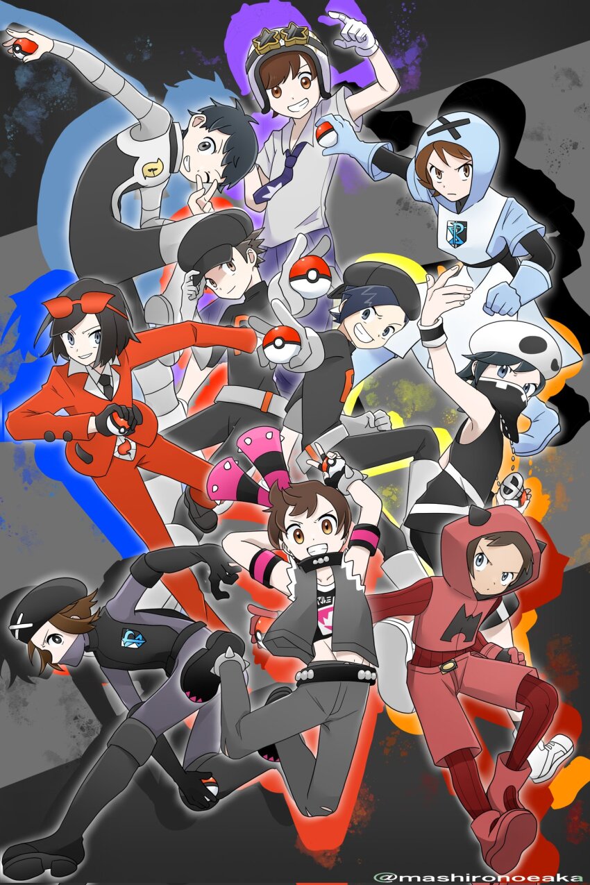 6+boys adjusting_clothes adjusting_headwear belt black_footwear black_gloves black_hair black_hat blue_gloves boots bracelet brendan_(pokemon) bright_pupils brown_eyes brown_hair calem_(pokemon) clenched_hand closed_mouth cosplay drop_shadow elbow_gloves elio_(pokemon) ethan_(pokemon) eyewear_on_head fingernails florian_(pokemon) gloves grey_belt grey_eyes grey_footwear grey_pants grey_shirt grey_vest grin hat helmet highres hilbert_(pokemon) holding holding_poke_ball hood hood_up jacket jewelry looking_at_viewer lucas_(pokemon) male_focus mashiro_eaka mask mouth_mask multiple_boys nate_(pokemon) necklace necktie nintendo one_eye_closed outstretched_arm pants parted_lips poke_ball poke_ball_(basic) pokemon pokemon_bw pokemon_bw2 pokemon_dppt pokemon_frlg pokemon_hgss pokemon_oras pokemon_sm pokemon_sv pokemon_swsh pokemon_xy red_(pokemon) red_footwear red_jacket red_pants shirt short_hair smile spiked_bracelet spikes team_flare_grunt team_flare_grunt_(cosplay) team_flare_uniform team_galactic_grunt team_galactic_grunt_(cosplay) team_galactic_uniform team_magma_grunt team_magma_grunt_(cosplay) team_magma_uniform team_plasma_grunt team_plasma_grunt_(cosplay) team_plasma_uniform team_rocket team_rocket_grunt team_rocket_grunt_(cosplay) team_rocket_uniform team_skull_grunt team_skull_grunt_(cosplay) team_star_grunt team_star_grunt_(cosplay) team_star_uniform team_yell team_yell_grunt team_yell_grunt_(cosplay) twitter_username v vest victor_(pokemon) white_gloves white_pupils wristband