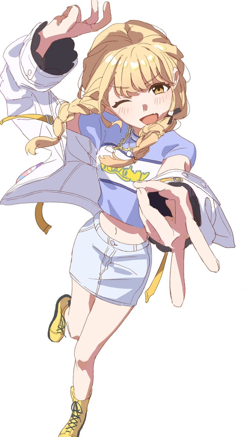 1girl arm_up blonde_hair blue_shirt blush boots braid breasts double_v fang fujita_kotone full_body gakuen_idolmaster highres idolmaster jacket lace-up_boots long_hair looking_at_viewer midriff navel off_shoulder one_eye_closed open_mouth pencil_skirt reaching reaching_towards_viewer shirt short_sleeves simple_background skin_fang skirt small_breasts smile solo twin_braids v v-shaped_eyebrows white_background white_jacket white_skirt wqdofjpeqs63235 yellow_boots yellow_eyes