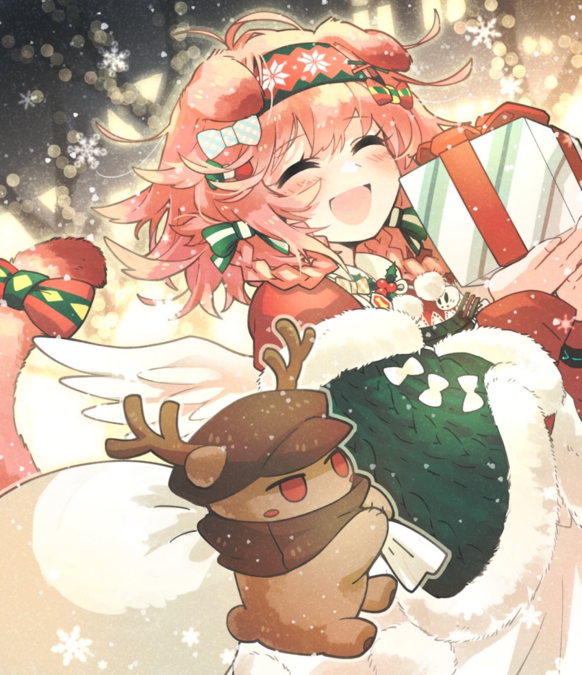 1girl ^_^ animal animal_ears animalization arknights bow box braid braided_hair_rings brown_headwear newsboy_cap cat_ears cat_girl cat_tail closed_eyes clothed_animal commentary_request dog fur_trim gift gift_box goldenglow_(arknights) goldenglow_(maiden_for_the_bright_night)_(arknights) green_bow hair_between_eyes hair_bow hair_rings hairband hat highres holding holding_gift jacket jitome long_hair long_sleeves morini_ochiteru pink_hair red_(npc)_(arknights) red_eyes red_hairband red_jacket revision snowflakes tail tail_bow tail_ornament tail_raised twin_braids