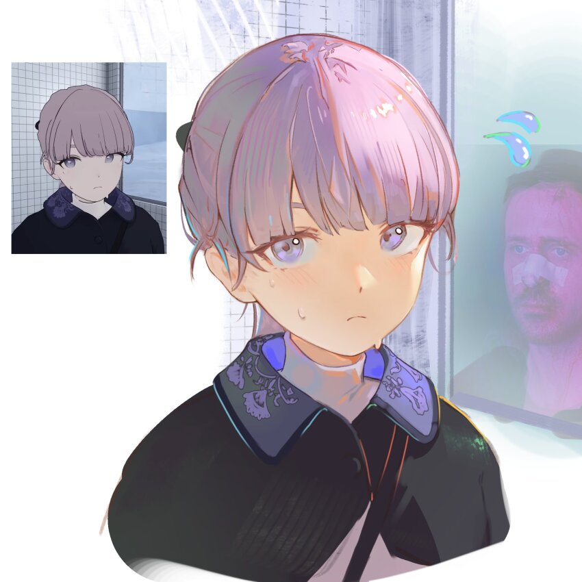 1boy 1girl bandage_on_nose black_capelet blade_runner blade_runner_2049 blue_eyes blush capelet closed_mouth frown grey_hair highres k_(blade_runner_2049) lapwing_(vrchat) liebebento_(dosilan) long_hair nervous_sweating nier_(series) original ponytail purple_hair ryan_gosling shirt short_hair sweat turtleneck turtleneck_shirt white_shirt