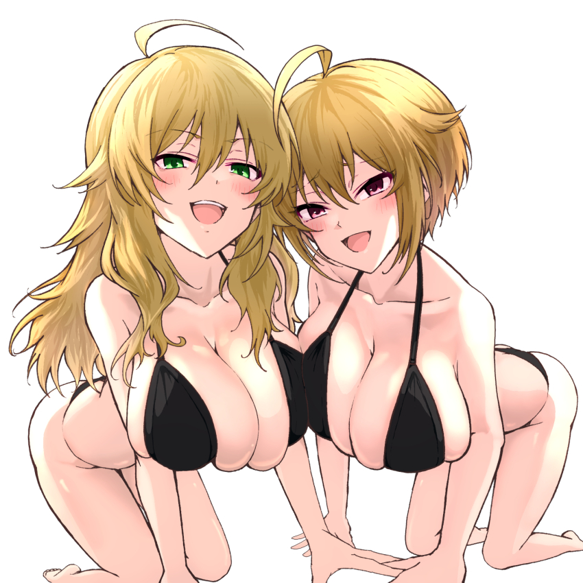 2girls ahoge all_fours ass asymmetrical_docking bikini black_bikini blonde_hair blush breast_press breasts cleavage collarbone green_eyes hair_flaps highres hitofudegaki_usagi hoshii_miki ibuki_tsubasa idolmaster idolmaster_(classic) idolmaster_million_live! large_breasts long_hair looking_at_viewer multiple_girls naughty_face open_mouth pink_eyes short_hair simple_background swimsuit symmetrical_docking teeth upper_teeth_only white_background yuri