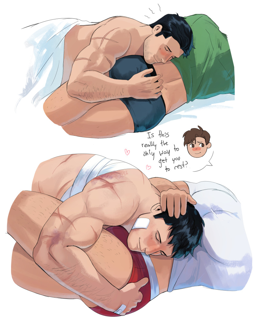 2boys absurdres arm_hair ass bandages bandaid bandaid_on_cheek bandaid_on_face bara batman_(series) black_male_underwear blush brown_hair bruce_wayne closed_eyes closed_mouth couple dc_comics english_text facial_hair green_lantern_(series) green_shirt hal_jordan haljordanmylove highres injury large_pectorals lying male_focus male_underwear midriff_sarashi multiple_boys muscular muscular_male on_back on_side pectorals red_male_underwear sarashi scar scar_on_arm scar_on_back shirt short_hair simple_background smile underwear white_background white_shirt yaoi