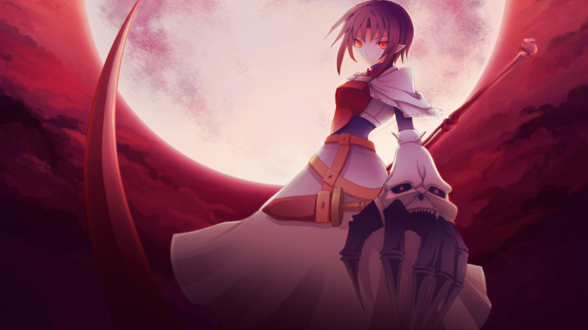 1girl armor armored_dress asc_(sfhiro) brown_hair claws dress female_focus full_moon highres hillo hiro_(spectral_force) moon red_background red_eyes red_moon scythe serious short_hair solo spectral_(series) spectral_force spectral_souls spectral_vs_generation white_dress