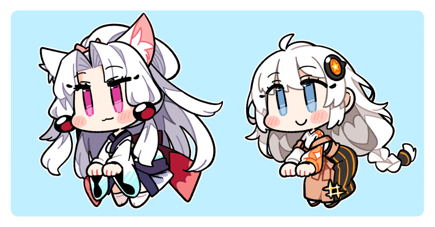 2girls :3 a.i._voice ahoge alpha_transparency animal_ear_fluff animal_ears blue_background blue_eyes blush_stickers border braid brown_skirt chibi chibi_only closed_mouth commentary_request double-parted_bangs double_strap_slip fox_ears fox_girl full_body hair_between_eyes hair_bobbles hair_ornament high-waist_skirt highres ini_(inunabe00) japanese_clothes kimono kizuna_akari kizuna_akari_(a.i._voice) long_hair long_sleeves multiple_girls no_shoes obi outline parted_bangs pink_eyes ponytail sash shirt sidelocks simple_background single_braid skirt smile socks strap_slip tabi touhoku_itako vocaloid voiceroid white_border white_hair white_kimono white_outline white_shirt white_socks wide_sleeves