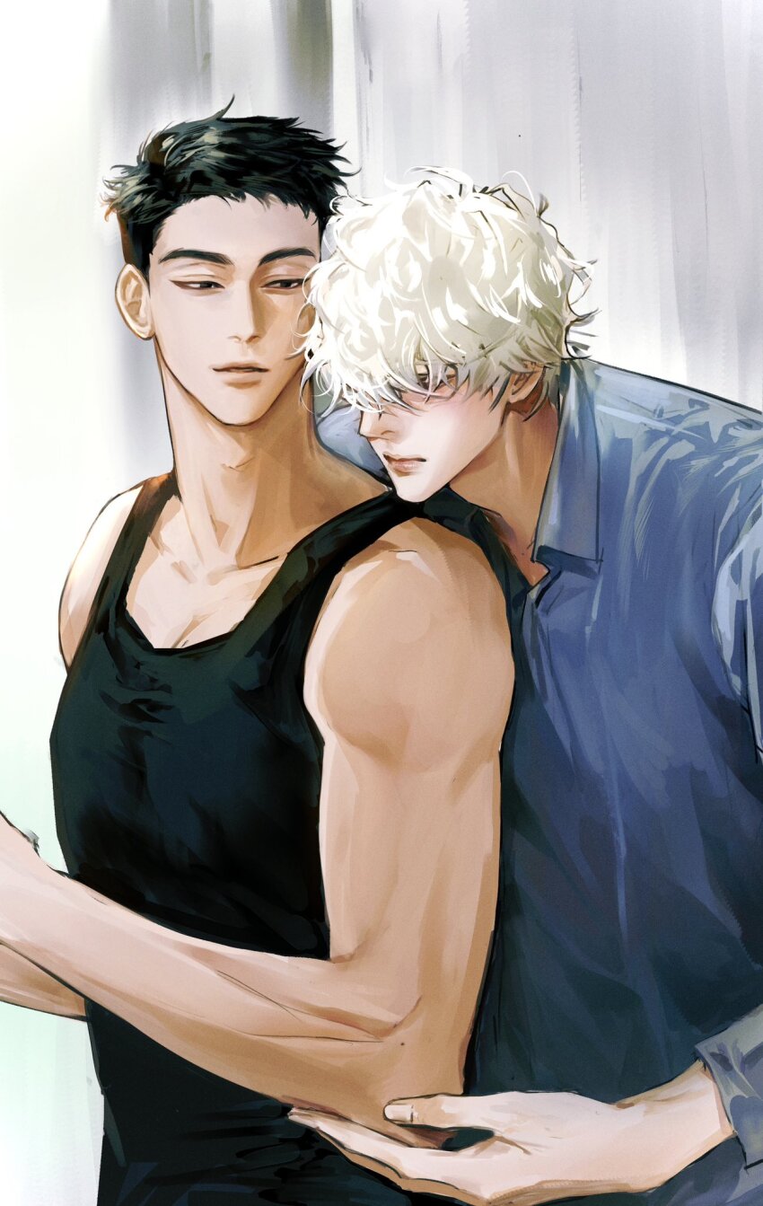 2boys black_eyes black_hair black_tank_top blue_shirt check_copyright closed_mouth collarbone collared_shirt commentary_request copyright_request dang0_23 hair_over_eyes hand_on_another&#039;s_arm head_on_another&#039;s_shoulder highres korean_commentary looking_at_another male_focus mole mole_on_arm multiple_boys original parted_lips pectoral_cleavage pectorals shirt short_hair tank_top toned toned_male upper_body wavy_hair white_hair