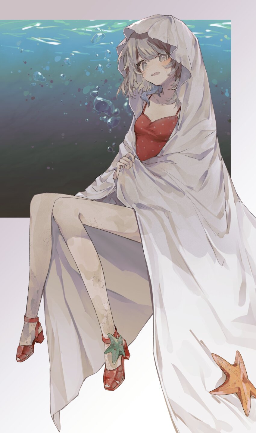 1girl absurdres blush ebi0_r full_body ghost_costume grey_background grey_eyes grey_hair highres invisible_chair one-piece_swimsuit open_mouth poltergeist_(reverse:1999) red_one-piece_swimsuit red_shoes reverse:1999 sheet_ghost shoes short_hair sitting solo starfish sweat swimsuit tentacles