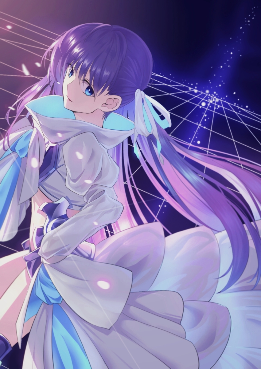 1girl eyelashes fate/extra fate_(series) gradient_background grid hair_ribbon highres long_hair long_sleeves looking_at_viewer meltryllis_(fate) meltryllis_(third_ascension)_(fate) midriff parted_lips purple_hair ribbon shirt sleeves_past_fingers sleeves_past_wrists solo very_long_hair white_shirt yaekaidou