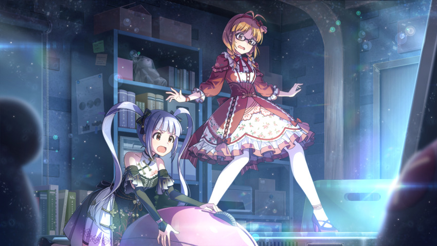 2girls akizuki_ritsuko alternate_hair_color antenna_hair book bow bowtie box brown_eyes brown_hair buttons cardboard_box computer_mouse corset dress game_cg glasses hairband idolmaster idolmaster_million_live! idolmaster_million_live!_theater_days light_particles matsuda_arisa mini_person multiple_girls official_art open_mouth pantyhose shelf stuffed_animal stuffed_toy teddy_bear twintails white_hair white_pantyhose