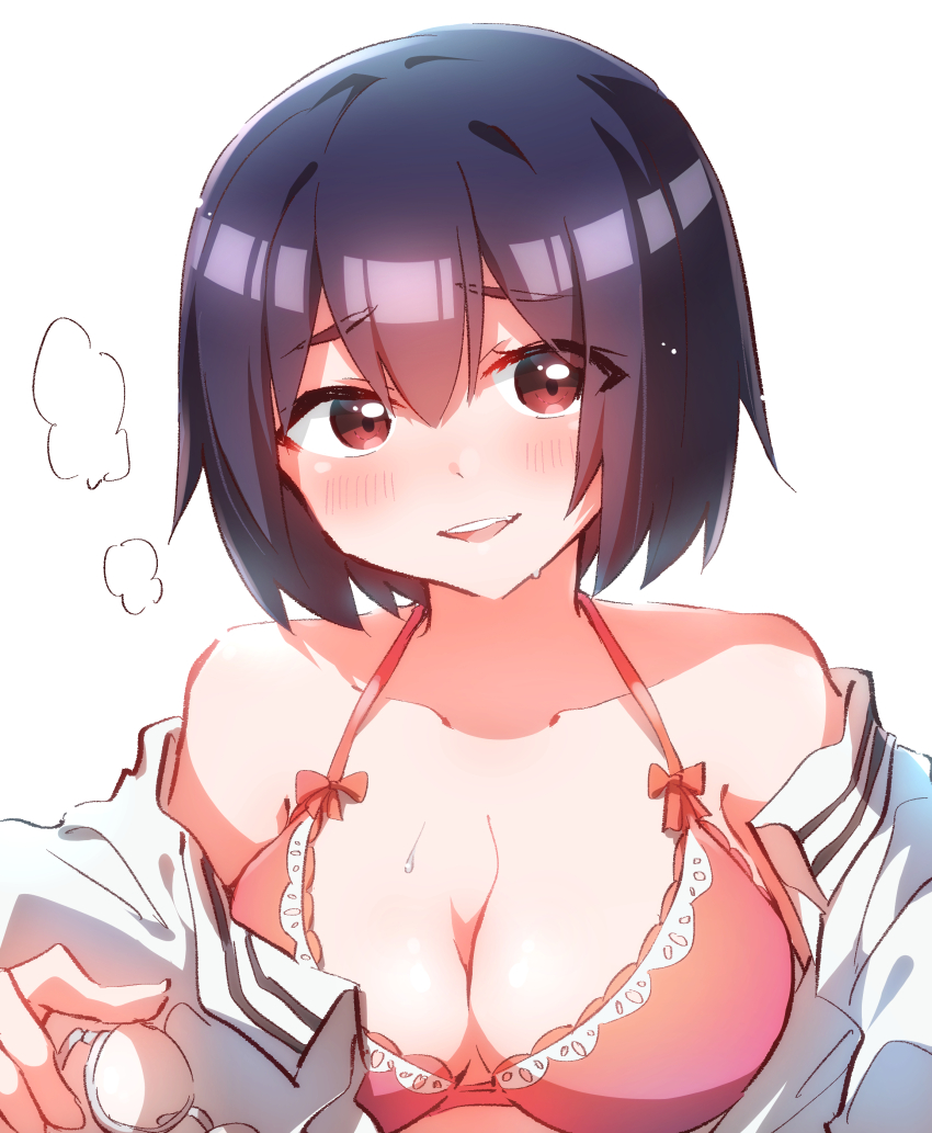 1girl absurdres black_hair bra breasts commentary_request highres himeno_akari_(modaete_yo_adam-kun) large_breasts looking_at_viewer modaete_yo_adam-kun nyaa_(nnekoron) open_mouth pink_bra red_eyes shirt short_hair simple_background smile solo sweat teeth underwear undressing upper_body upper_teeth_only white_background white_shirt