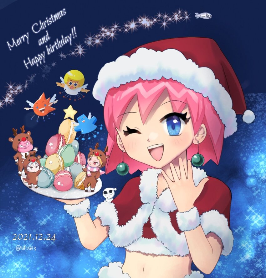 1girl 6+boys artist_request beauty_(bobobo-bo_bo-bobo) blue_eyes bobobo-bo_bo-bobo bobobo-bo_bo-bobo_(character) christmas dated dengakuman don_patch earrings hat hatenkou heppokomaru highres jewelry looking_at_viewer midriff multiple_boys navel one_eye_closed open_mouth pink_hair santa_hat short_hair short_sleeves smile softon_(bobobo-bo_bo-bobo) tokoro_tennosuke