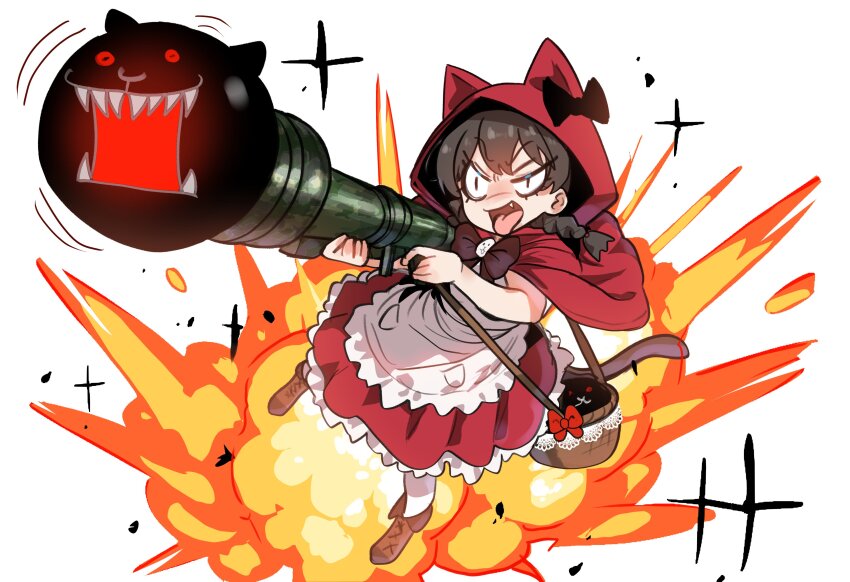 1girl absurdres animal_ear_hood animal_ears apron basket boots bow bowtie braid brown_hair capelet carrying_over_shoulder cat_(nyanko_daisensou) cat_ears cat_girl cat_tail commentary dress ebora english_commentary explosion fake_animal_ears fang full_body highres hood hood_up hooded_capelet m1_bazooka minya_(nyanko_daisensou) motion_lines nyanko_daisensou open_mouth red_dress rocket_launcher short_hair slit_pupils solo tail tongue tongue_out twin_braids v-shaped_eyebrows weapon white_background