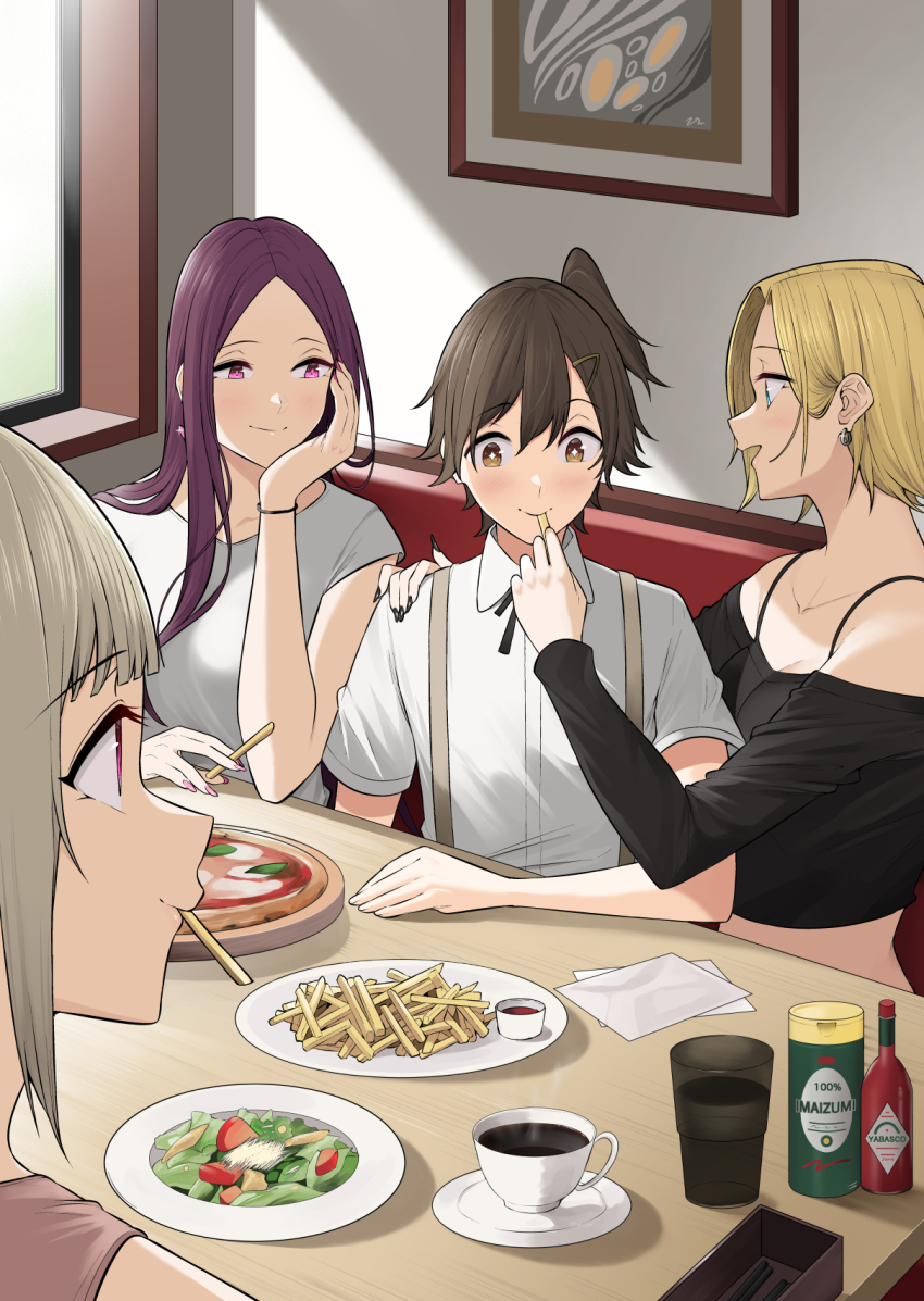 black_nails black_top blonde_hair blue_eyes booth_seating brown_eyes brown_hair crossdressing feeding food food_in_mouth french_fries grey_hair hamazaki_reina hand_on_chin hand_on_shoulder highres hot_sauce imaizumi_keita imaizumin-chi_wa_douyara_gal_no_tamariba_ni_natteru_rashii kurumizaka_ruri nail_polish painting_(object) parmesan_cheese pink_top pizza ponytail purple_eyes purple_hair restaurant salad sasaki_yukina smile window wristband