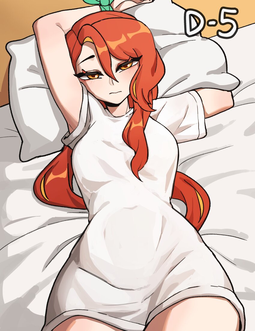 1girl absurdres breasts closed_mouth commentary cowboy_shot hair_between_eyes highres hyyun_ho june_(hyyun_ho) long_hair looking_at_viewer lying medium_breasts on_back orange_eyes orange_hair original pillow shirt solo white_shirt