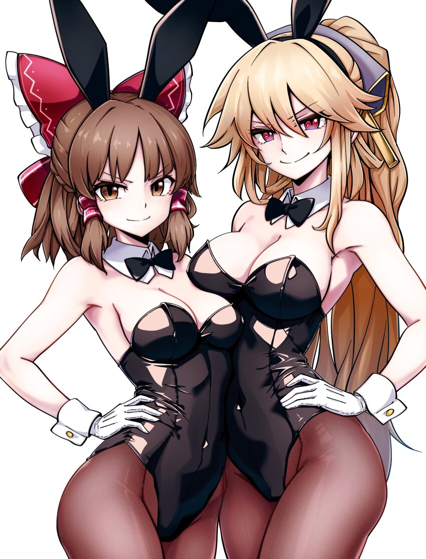 2girls absurdres alternate_costume animal_ear_hairband animal_ears armpits black_bow black_bowtie black_hairband black_leotard black_pantyhose blonde_hair bow bowtie breast_on_breast breasts brown_eyes brown_hair cleavage closed_mouth commentary covered_navel cowboy_shot detached_collar fake_animal_ears gloves hair_bow hair_tubes hairband hakurei_reimu hand_on_own_hip highres junko_(touhou) kikoka_(mizuumi) leotard long_hair looking_at_viewer medium_hair multiple_girls pantyhose playboy_bunny rabbit_ear_hairband rabbit_ears red_bow red_eyes simple_background smile strapless strapless_leotard touhou v-shaped_eyebrows very_long_hair white_background white_gloves wrist_cuffs