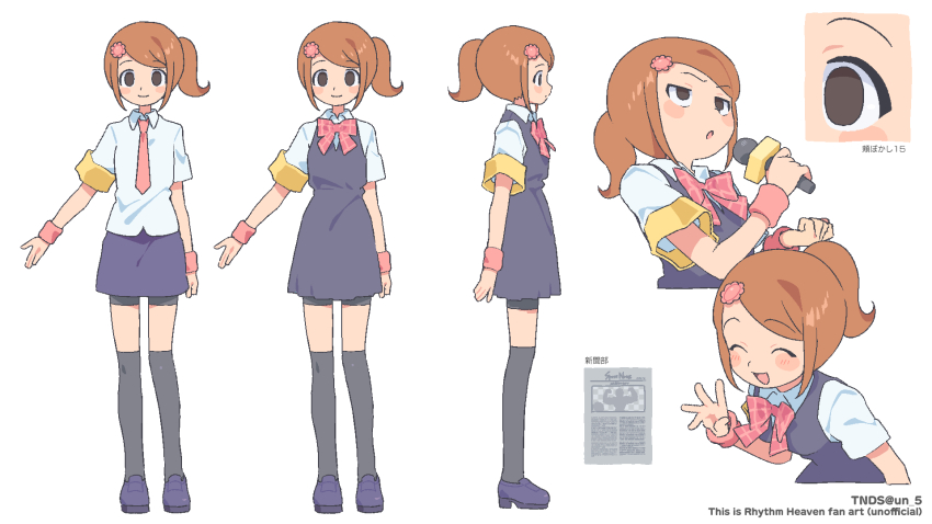 1girl bow brown_hair closed_eyes hair_ornament hairclip highres minna_no_rhythm_tengoku multiple_views open_mouth pink_bow reporter_(rhythm_tengoku) rhythm_tengoku school_uniform skirt smile sweater_vest tendoshi thighhighs zettai_ryouiki