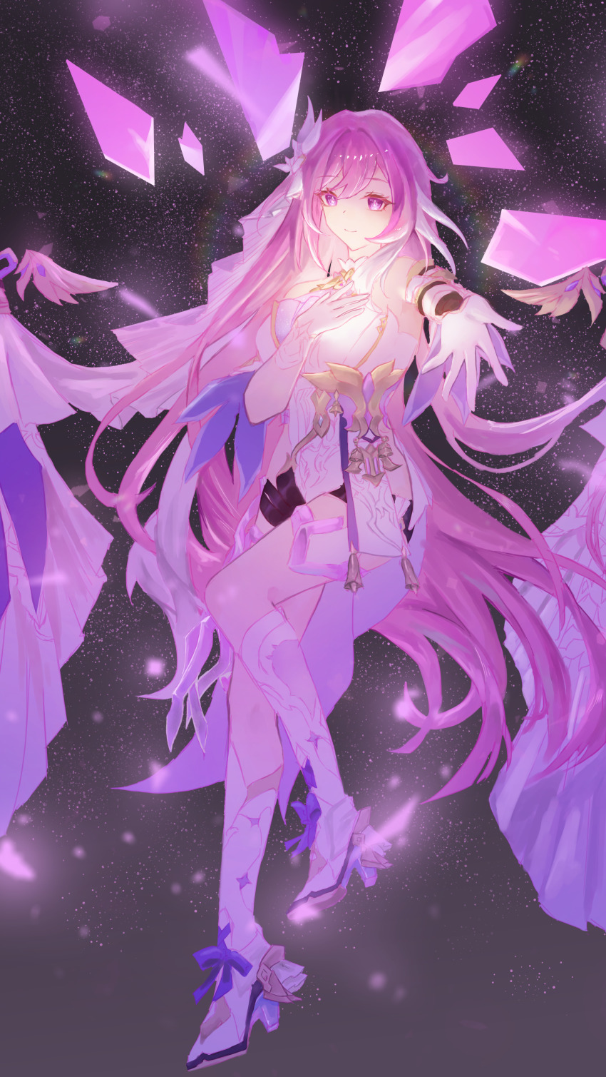 1girl absurdres black_shorts boots breasts chinese_commentary commentary_request corset crystal_shards diamond-shaped_pupils diamond_(shape) elysia_(herrscher_of_human:_ego)_(honkai_impact) elysia_(honkai_impact) full_body gloves highres honkai_(series) honkai_impact_3rd large_breasts long_hair micro_shorts pink_hair purple_eyes reaching reaching_towards_viewer shorts sky solo star_(sky) starry_sky symbol-shaped_pupils veil very_long_hair white_boots white_corset white_gloves white_veil xiaoluoyue03233