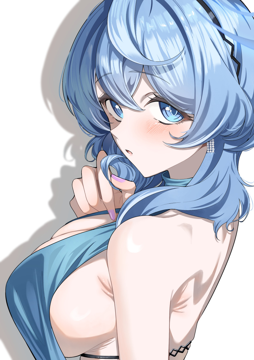 1girl absurdres ako_(blue_archive) ako_(dress)_(blue_archive) backless_dress backless_outfit blue_archive blue_dress blue_hair blue_halo blue_nails blush breasts cleavage commentary_request dress earrings fingernails from_side halo highres ito_(ito577) jewelry looking_at_viewer medium_hair nail_polish official_alternate_costume sideboob sideless_dress simple_background smile solo upper_body white_background