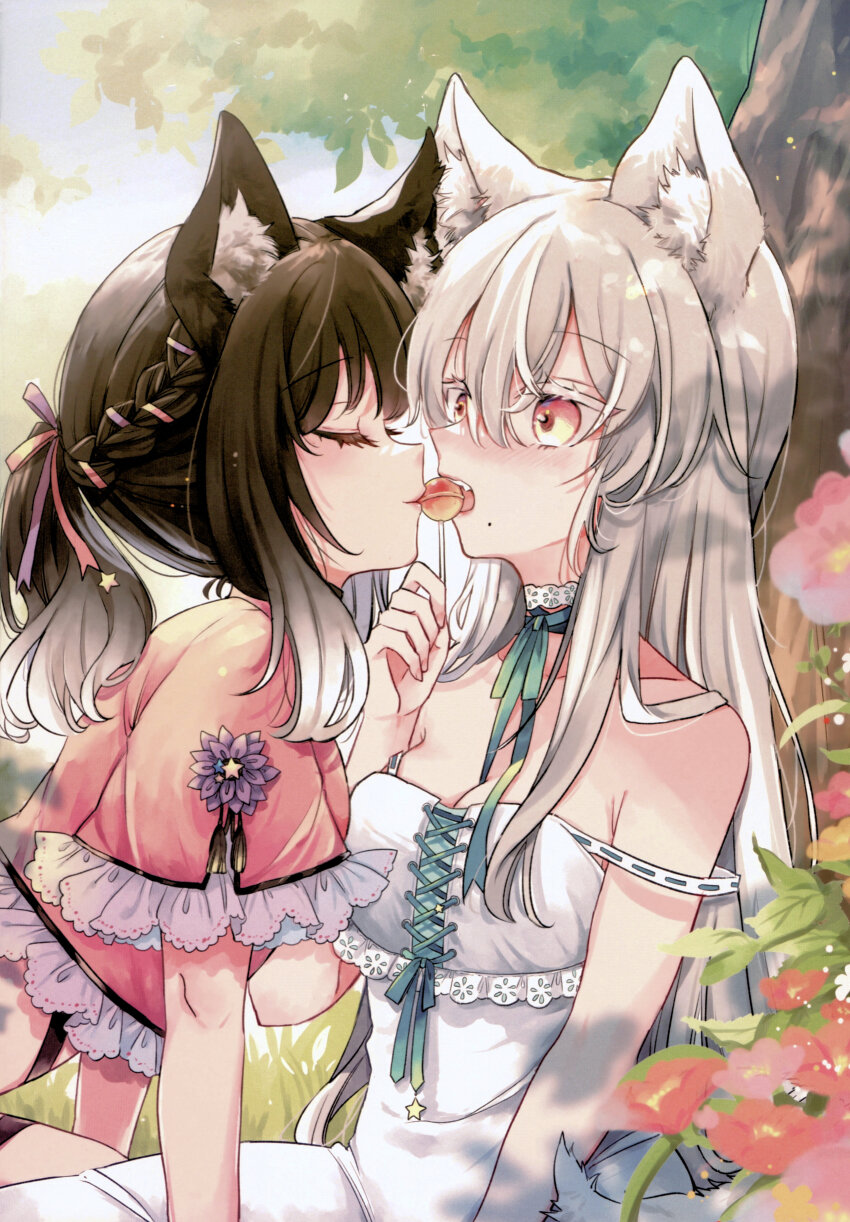 2girls absurdres animal_ear_fluff animal_ears between_breasts blue_ribbon braid breasts candy cleavage closed_eyes closed_mouth collarbone day dress fang flower food frilled_sleeves frills grey_hair hair_between_eyes hair_ribbon highres holding holding_candy holding_food holding_lollipop lollipop long_hair medium_breasts mito_(go!go!king!) mole multiple_girls neck_ribbon non-web_source open_mouth original outdoors pink_ribbon pink_shirt purple_flower red_eyes ribbon shared_food shirt short_sleeves sleeveless sleeveless_dress star_(symbol) strap_slip tree upper_body very_long_hair white_dress wolf_ears yuri