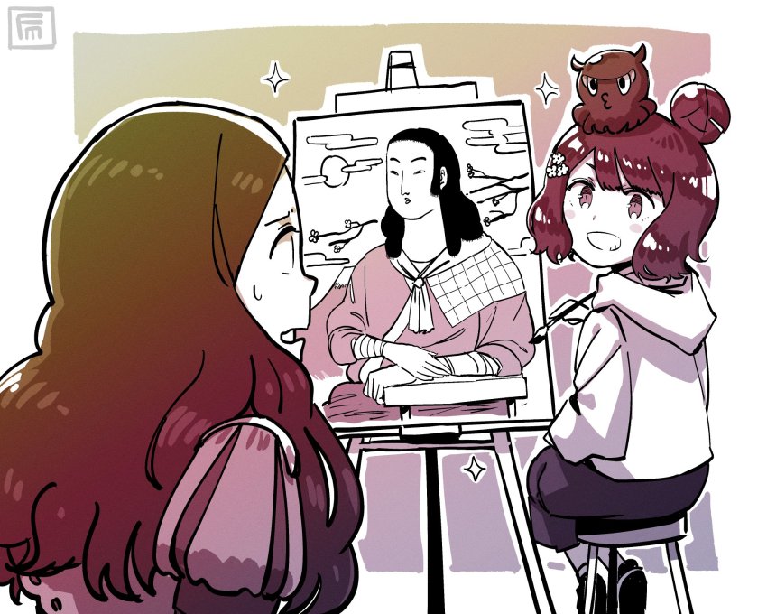 2girls fate/grand_order fate_(series) fine_art_parody forehead fumato hair_bun hair_ornament hairpin heroic_spirit_traveling_outfit highres holding holding_paintbrush katsushika_hokusai_(fate) katsushika_hokusai_(traveling_outfit)_(fate) leonardo_da_vinci_(fate) mona_lisa multiple_girls nihonga octopus official_alternate_costume paintbrush painting_(object) parody parted_bangs portrait puff_and_slash_sleeves puffy_sleeves shunga single_hair_bun smile style_parody tokitarou_(fate) ukiyo-e