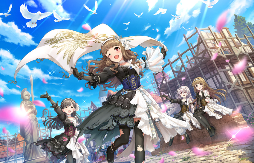 4girls banner bird black_dress black_hair boots brown_hair building closed_eyes cloud construction corset dress falling_petals game_cg gloves grey_hair hairband hat high_heel_boots high_heels holding hoshi_syoko idolmaster idolmaster_cinderella_girls idolmaster_cinderella_girls_starlight_stage kamiya_nao kobayakawa_sae lamppost multiple_girls official_art one_eye_closed open_mouth petals red_eyes scaffolding sitting statue sword thighhighs torn_clothes torn_thighhighs tree weapon yorita_yoshino