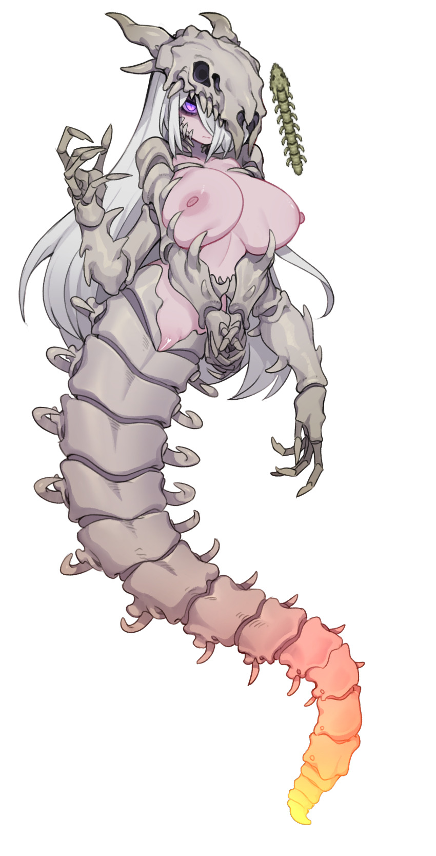 1girl absurdres bar_censor bone_serpent_(terraria) breasts censored closed_mouth colored_skin commentary_request extra_arms frown full_body heart heart_censor highres korean_commentary large_breasts monster_girl nipples nyong_nyong paid_reward_available personification pink_skin purple_eyes pussy simple_background skeletal_hand skeleton skull_on_head solo terraria white_background white_hair