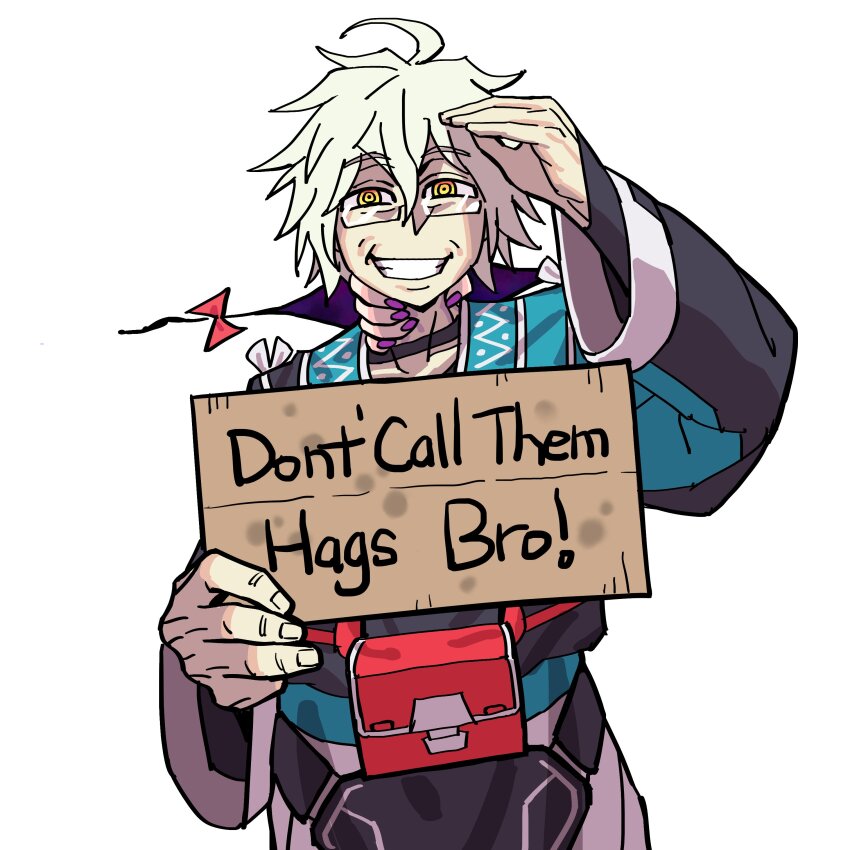 1boy 1girl absurdres ahoge black_kimono eddybird55555 english_text gap_(touhou) glasses highres holding holding_sign japanese_clothes kimono morichika_rinnosuke purple_nails red_bag short_hair sign strangling touhou white_hair wide_sleeves yakumo_yukari yellow_eyes