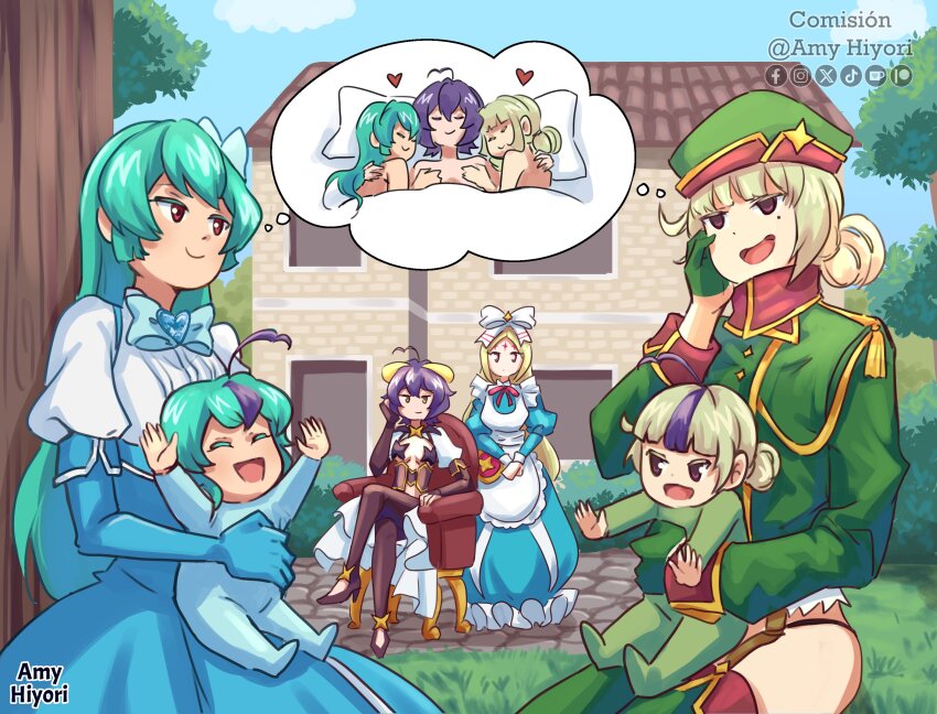 6+girls absurdres ahoge amyhiyori apron aqua_hair araga_kiwi artist_name baby blue_sky bow carrying_baby carrying_person chair cloud commentary commission corset crossed_legs day elbow_gloves forward_facing_horns gloves hair_bow hat heart highres hiiragi_utena house if_they_mated imagining leoparde_(mahou_shoujo_ni_akogarete) long_hair magia_azure magia_baiser magical_girl mahou_shoujo_ni_akogarete military_hat military_uniform minakami_sayo morino_korisu mother_and_daughter multiple_girls nero_alice open_mouth outdoors pasties pillow purple_hair red_eyes science_babies sitting sky sleeping smile spanish_commentary star_(symbol) star_pasties tree under_covers yuri