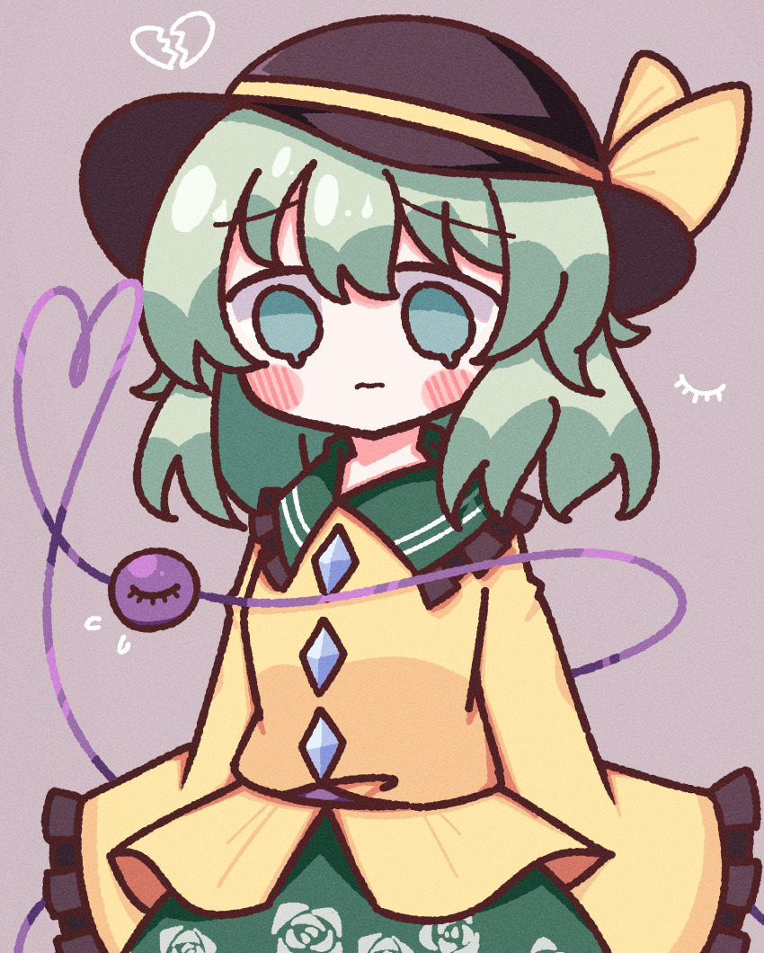 1girl absurdres blush_stickers bow broken_heart buttons closed_mouth collar diamond_button floral_print flower frilled_collar frilled_sleeves frills green_eyes green_hair green_skirt hat hat_bow heart heart_of_string highres komeiji_koishi long_sleeves purple_background rose rose_print sad shirt short_hair simple_background skirt sleeves_past_fingers sleeves_past_wrists solo third_eye touhou waroemon yellow_bow yellow_shirt