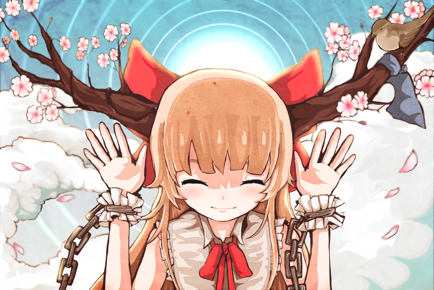 1girl bird blonde_hair blue_bow blunt_bangs bow bowtie brown_horns closed_eyes closed_mouth commentary_request flat_chest hair_bow hakurou_(3941341) highres horn_bow horn_ornament horns ibuki_suika long_hair petals red_bow red_bowtie shirt sleeveless sleeveless_shirt smile solo sparrow touhou upper_body white_shirt wooden_horns wrist_cuffs