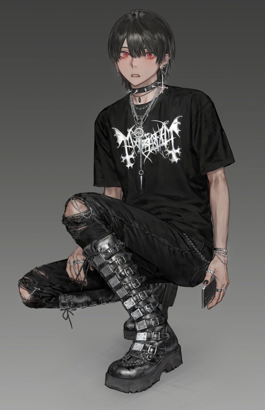 1boy band_shirt belt_boots black_boots black_choker black_hair black_nails black_pants black_shirt blouse boots bracelet cellphone choker denim ear_piercing earrings fangs fingernails goth_fashion gradient_background grey_background heavy_metal highres hirota_tsuu holding holding_phone jeans jewelry looking_at_viewer male_focus mayhem_(band) merchandise nail_polish necklace original pants pants_tucked_in parted_lips phone piercing red_eyes shirt short_hair short_sleeves slayer_(band) smartphone solo spiked_choker spikes squatting torn_clothes torn_pants