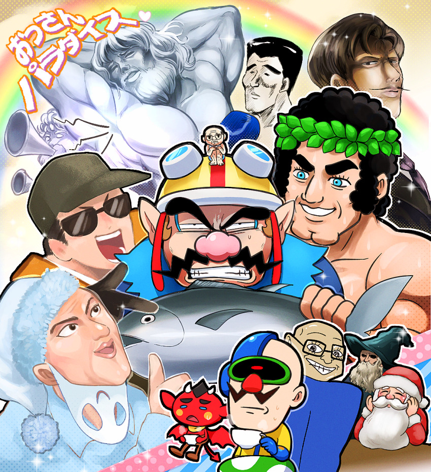 6+boys black_hair blue_eyes cleft_chin cup demon demon_horns demon_tail demon_wings dr._crygor facial_hair glasses grin hat head_wreath helmet highres holding holding_cup horns hoshi_(star-name2000) motorcycle_helmet multiple_boys mustache nintendo open_mouth pointy_ears red_(warioware) santa_claus smile sunglasses sweatdrop tail teacup tuna wario warioware warioware:_get_it_together! wings wizard wizard_hat