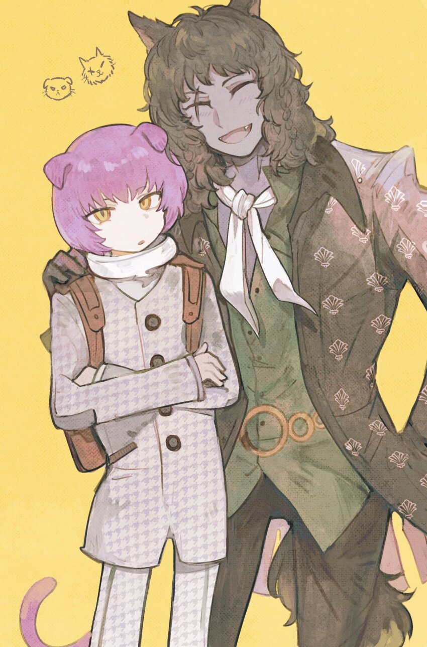 2boys animal_ears backpack bag basilio_(metaphor:_refantazio) black_coat black_hair brothers buttons closed_eyes coat colored_skin crossed_arms fangs fidelio_(metaphor:_refantazio) green_shirt grey_skin hand_on_another&#039;s_shoulder highres juneliu927 long_hair long_sleeves looking_at_viewer male_focus metaphor:_refantazio multiple_boys open_clothes open_coat open_mouth pants parted_lips purple_hair shirt short_hair siblings simple_background tail yellow_background