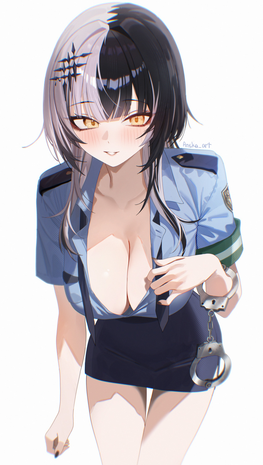 1girl absurdres alternate_costume anska black_hair black_nails blue_shirt blue_skirt blunt_bangs breasts cleavage collared_shirt cuffs grey_hair handcuff_dangle handcuffs highres hololive hololive_english large_breasts leaning_forward long_hair looking_at_viewer miniskirt multicolored_hair nail_polish parted_lips pencil pencil_skirt police police_uniform policewoman shiori_novella shirt short_sleeves simple_background skirt solo split-color_hair two-tone_hair virtual_youtuber white_background yellow_eyes
