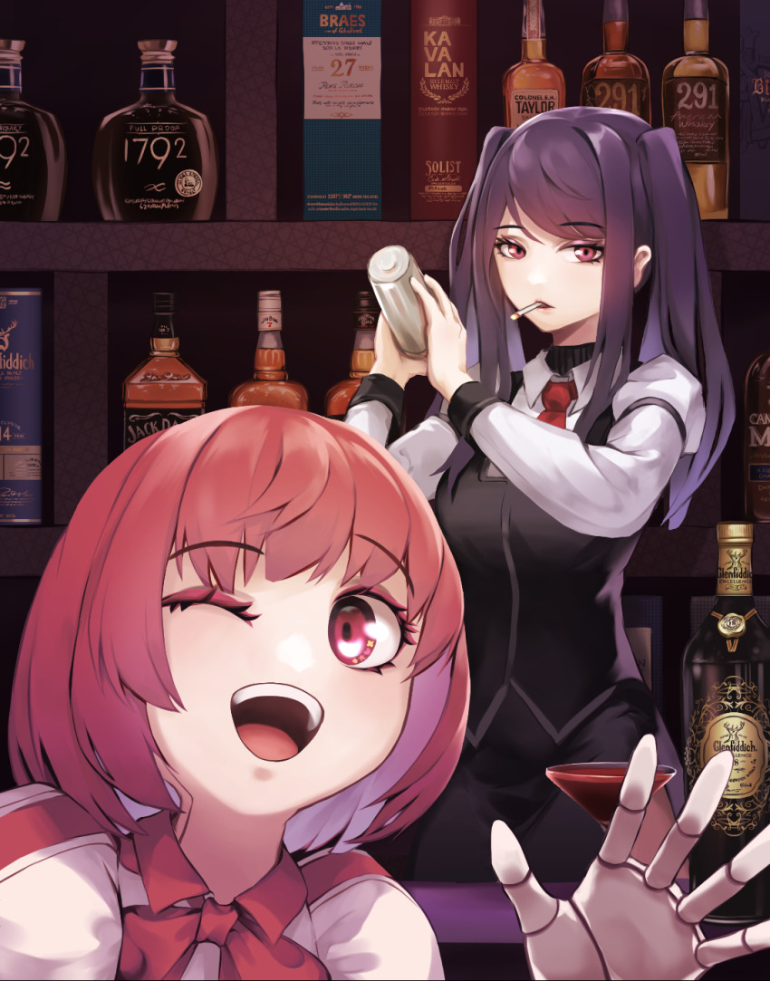2girls :d akawoud alcohol black_hair bottle bow cigarette dorothy_haze glass highres jack_daniel&#039;s jill_stingray miniskirt multiple_girls necktie open_mouth pantyhose red_eyes red_hair shaker shirt sidelocks skirt smile twintails va-11_hall-a vest whiskey