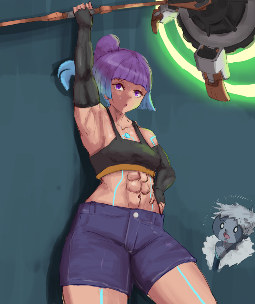 1boy 1girl :o abs blackleo2090 blue_hair colored_skin crop_top elbow_gloves fingerless_gloves gloves grey_skin hammer highres lanz_(xenoblade) medium_hair muscular muscular_female purple_hair sena_(xenoblade) short_hair shorts side_ponytail sweat white_hair xenoblade_chronicles_(series)