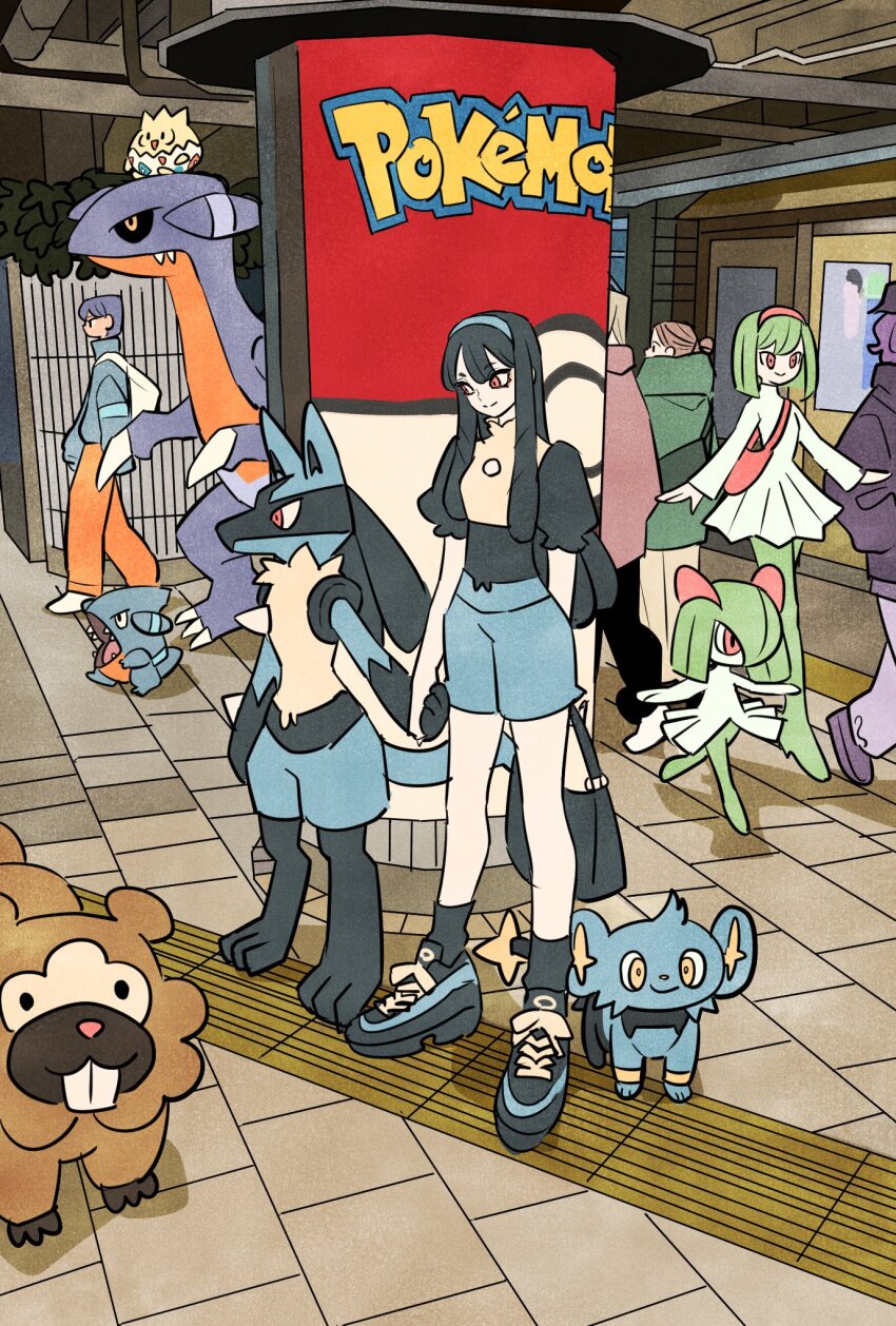 3girls 3others bag bidoof black_eyes blue_fur brown_fur claws colored_skin copyright_name dragon fangs furry gabite gen_2_pokemon gen_3_pokemon gen_4_pokemon gible green_hair green_skin hair_over_one_eye hairband highres holding_hands horns kirlia lucario multicolored_fur multicolored_skin multiple_girls multiple_others nintendo on_head pink_eyes pink_hairband pokemon pokemon_(creature) pokemon_on_head shinx shoulder_bag sidelocks smile takeuchi_ryousuke togepi two-tone_skin white_skin yellow_eyes