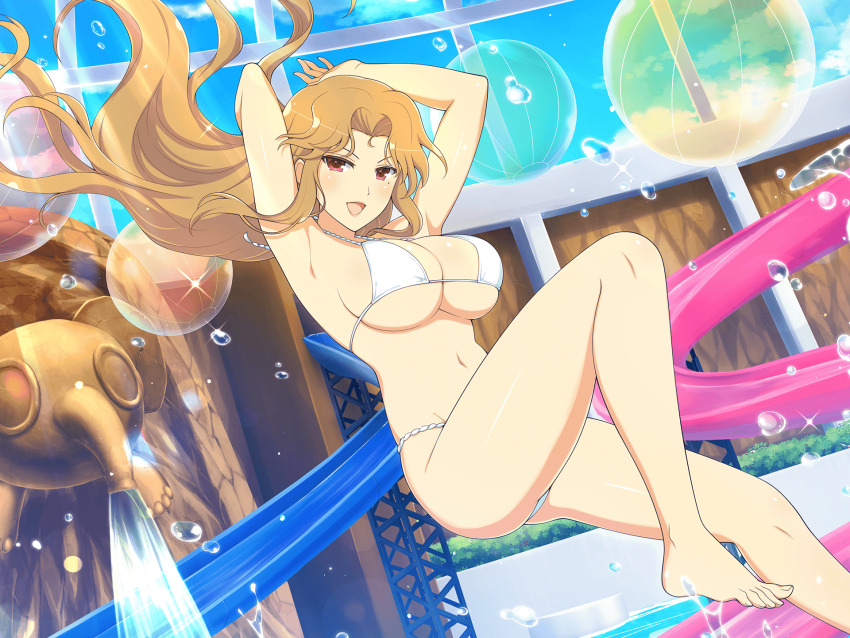 1girl armpits balloon bikini blonde_hair blue_sky blush breasts bush cleavage cliff cloud daidouji_(senran_kagura) day elephant_statue groin halterneck highres indoors large_breasts light_particles long_hair looking_at_viewer micro_bikini mole mole_under_eye navel official_art open_mouth parted_bangs plant pool red_eyes senran_kagura senran_kagura_new_link senran_kagura_shoujo-tachi_no_shin&#039;ei shiny_skin sideboob sky skylight slide smile solo sparkle splashing statue stomach stone_wall sunlight swimsuit thighs tongue v-shaped_eyebrows wall water water_drop water_slide waterfall waterpark white_bikini yaegashi_nan
