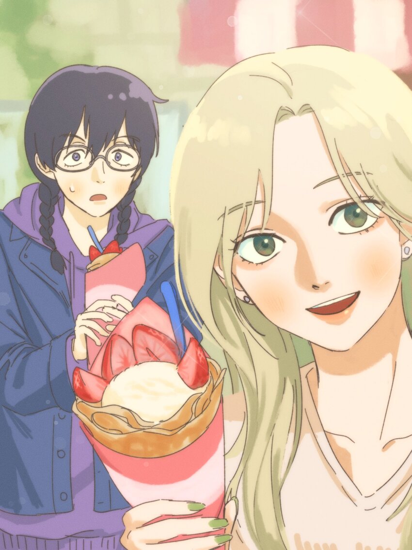 2girls :d black_hair blonde_hair blue_jacket braid cheouldu collarbone crepe earrings food fruit glasses green_eyes green_nails hashtag-only_commentary highres holding holding_crepe holding_food hood hood_down hoodie jacket jewelry kurume_makoto long_hair looking_at_viewer multiple_girls murashige_yuzuki open_mouth outdoors parted_bangs purple_eyes purple_hoodie selfie skip_to_loafer smile strawberry surprised sweat twin_braids v-shaped_eyebrows