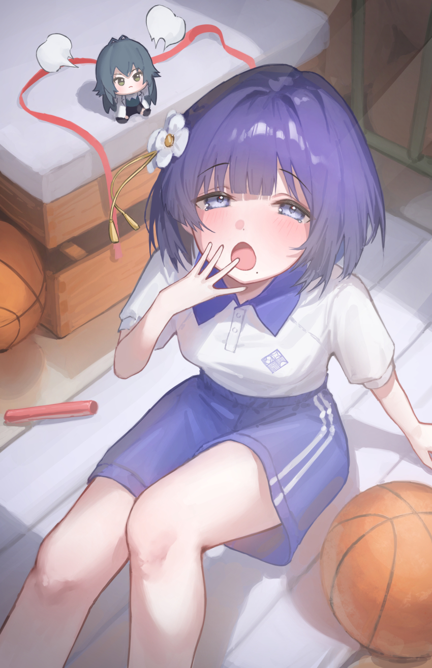 2girls :o absurdres ball bare_legs basketball_(object) blue_shorts blunt_bangs chibi chibigurumi collared_shirt commentary feet_out_of_frame gakuen_idolmaster gym_shirt gym_storeroom gym_uniform hataya_misuzu highres idolmaster indoors looking_at_viewer mole mole_under_mouth multiple_girls puff_of_air pulmo_(artist) purple_eyes purple_hair relay_baton shirt shirt_tucked_in short_hair shorts sitting tsukimura_temari vaulting_horse yawning