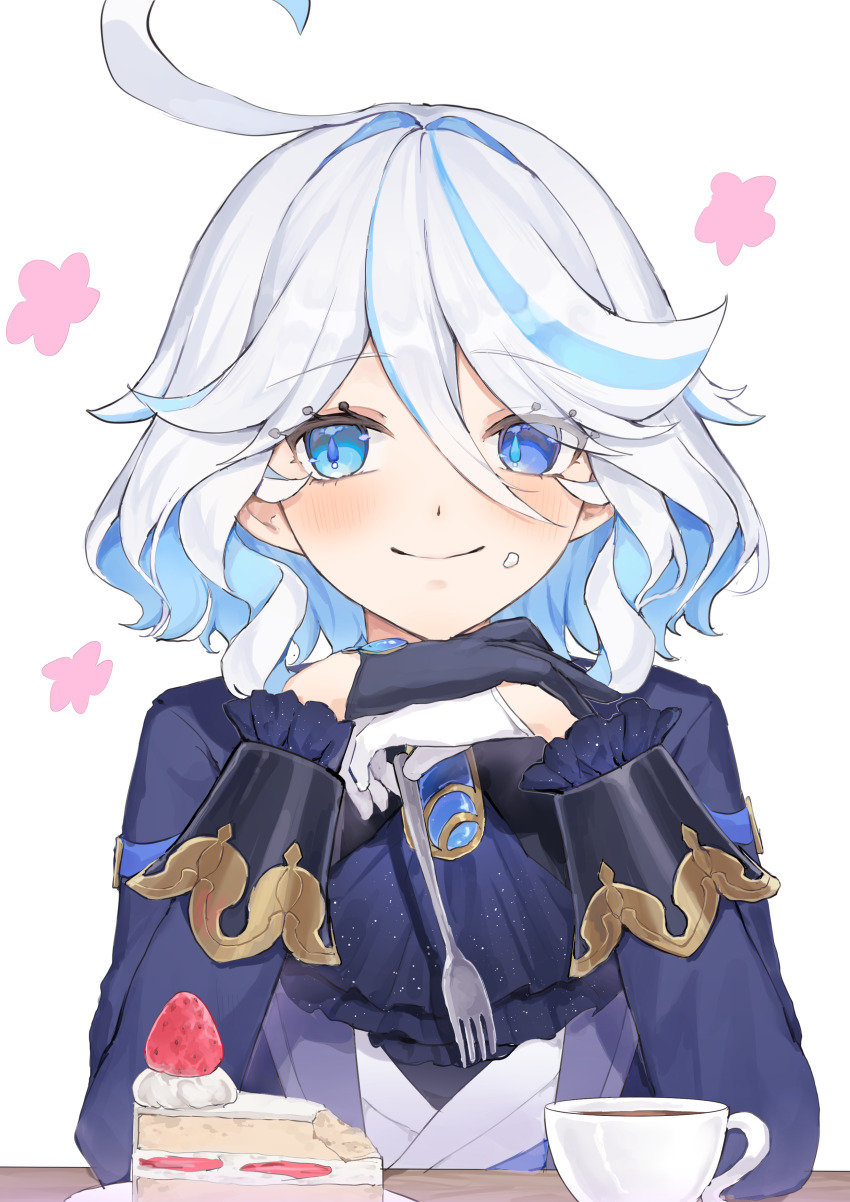 1girl absurdres ahoge asymmetrical_gloves black_gloves blue_eyes blue_hair blue_jacket brooch cake colored_inner_hair commentary cup food fork furina_(genshin_impact) genshin_impact gloves hair_intakes highres holding holding_fork jacket jewelry long_sleeves looking_at_viewer mismatched_gloves multicolored_hair ririru short_hair smile solo strawberry_shortcake teacup upper_body white_background white_gloves white_hair