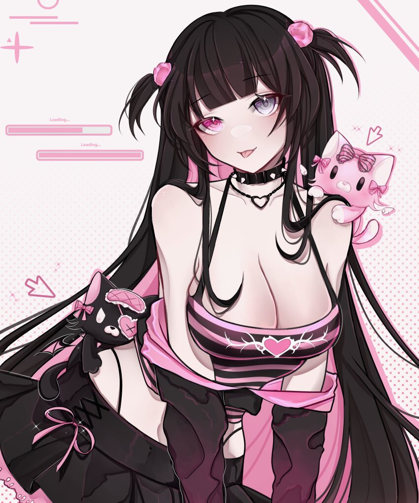 1girl absurdres akuradere bare_shoulders black_choker black_hair black_skirt blunt_bangs breasts choker cleavage colored_inner_hair commentary cowboy_shot cursor english_commentary grey_eyes hair_ornament heart heart_necklace heterochromia highres indie_virtual_youtuber jewelry large_breasts leaning_forward loading_icon long_hair looking_at_viewer midriff multicolored_hair necklace no_animal_ears pink_eyes pink_tank_top rosheil skirt smile solo spiked_choker spikes striped_tank_top stuffed_animal stuffed_cat stuffed_toy tank_top tongue tongue_out two_side_up virtual_youtuber white_background