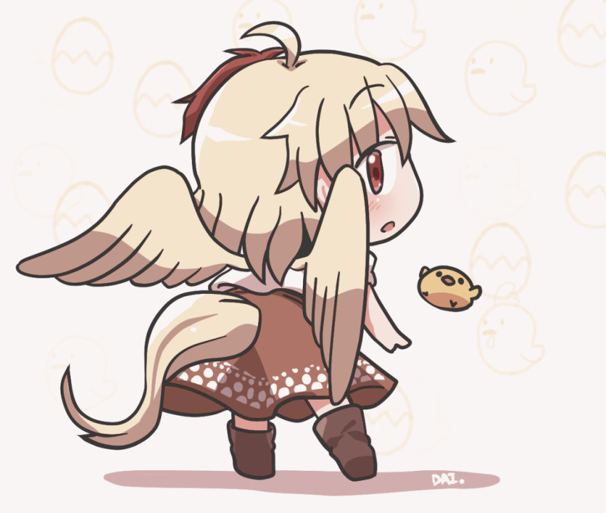 1girl ahoge bird bird_tail bird_wings blonde_hair boots brown_boots chick commentary_request egg egg_background from_behind full_body looking_back multicolored_hair niwatari_kutaka open_mouth orange_skirt red_eyes red_hair rokugou_daisuke shirt short_hair signature skirt standing tail touhou two-tone_hair white_shirt wings yellow_wings