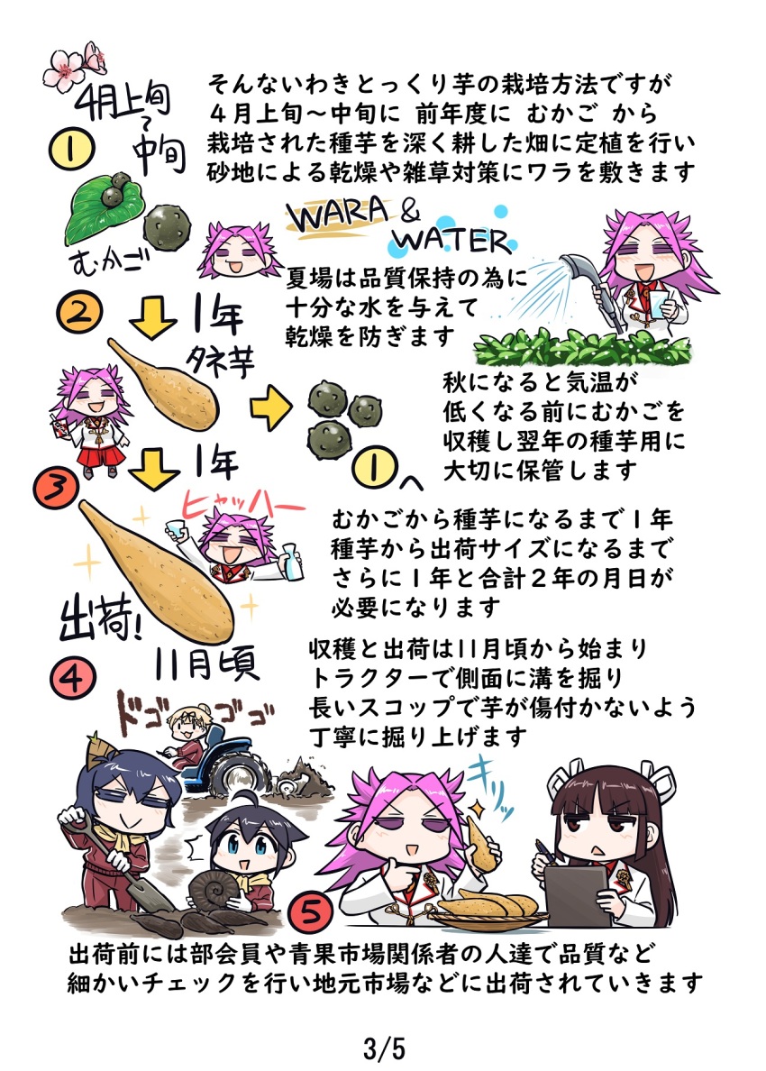 5girls :&gt; bamboo_shoot black_hair clipboard closed_eyes commentary_request food hair_ribbon highres hiyou_(kancolle) holding holding_hose hose jun&#039;you_(kancolle) kantai_collection long_hair long_sleeves multiple_girls open_mouth purple_hair ribbon seiran_(mousouchiku) shigure_(kancolle) shovel smile sparkle translation_request vegetable water yamashiro_(kancolle) yuudachi_(kancolle)