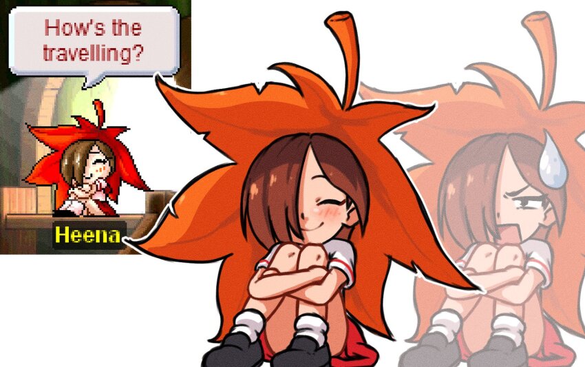 1girl beachepisode black_shoes brown_hair closed_eyes closed_mouth crossed_arms english_text heena_(maplestory) loafers maplestory open_mouth reference_inset shoes short_hair short_sleeves simple_background socks solo speech_bubble sweat white_background white_socks