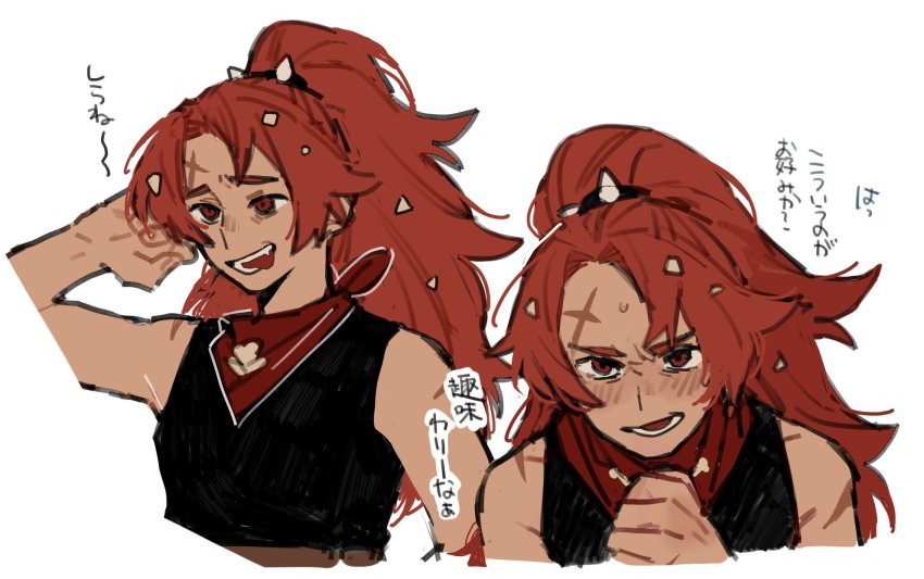 1girl bandana black_shirt blush chili_pepper_cookie commentary cookie_run dark_skin dayama fang hairband high_ponytail highres humanization long_hair looking_at_viewer multiple_views ponytail red_bandana red_eyes red_hair scar scar_on_arm scar_on_face scar_on_forehead shirt sidelocks sketch smile spiked_hairband spikes tongue tongue_out translation_request upper_body very_long_hair