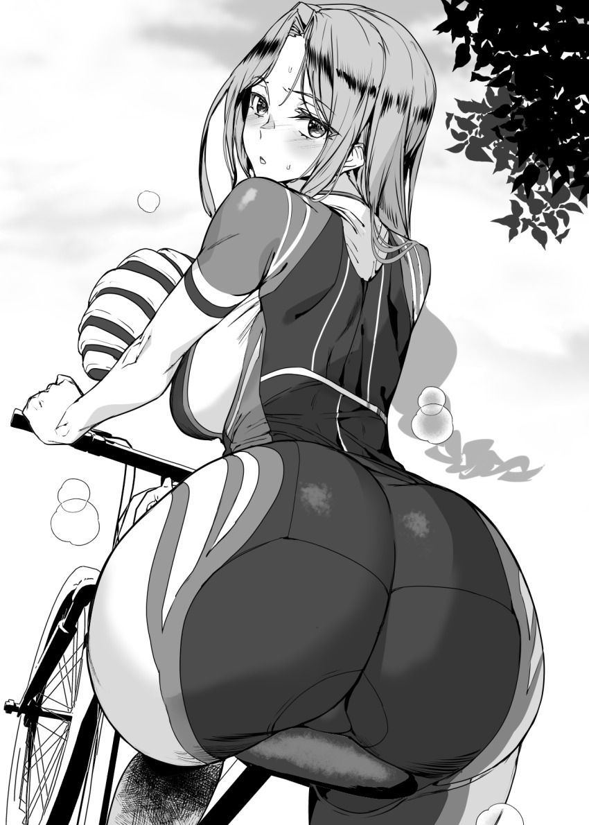 1girl alternate_costume ashiomi_masato ass bicycle bicycle_helmet bike_shorts black_shorts blush braid braided_ponytail breasts cloud cycling_uniform fate/stay_night fate_(series) helmet highres large_breasts leaf long_hair looking_at_viewer looking_back medusa_(fate) medusa_(rider)_(fate) monochrome outdoors parted_bangs short_sleeves shorts sidelocks smile solo sweat unworn_headwear unworn_helmet very_long_hair