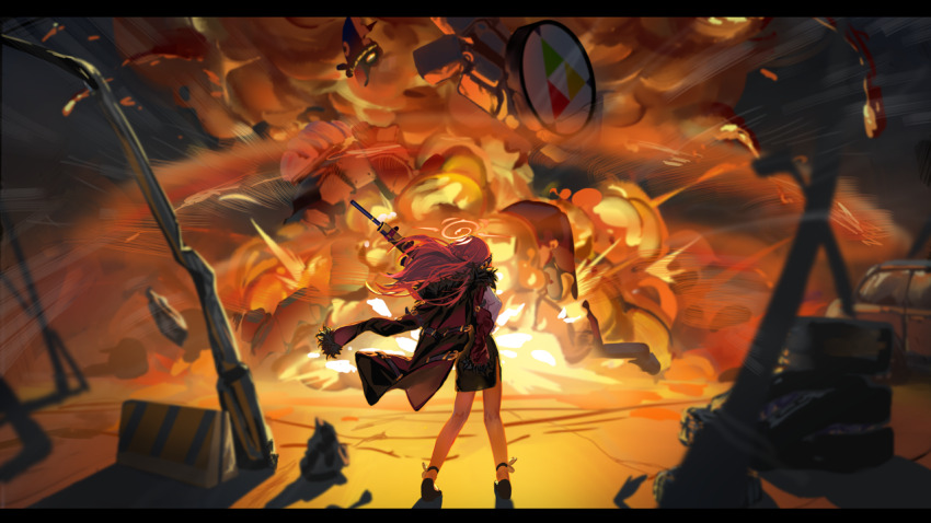 aircctzillie aru_(blue_archive) blue_archive demon_horns explosion facing_away fur_collar gun h&amp;k_psg1 halo holding holding_gun holding_weapon horns jacket kaiten_fx_mk.0_(blue_archive) long_hair pencil_skirt red_hair red_jacket rifle shirt skirt sniper_rifle standing thighs weapon white_shirt