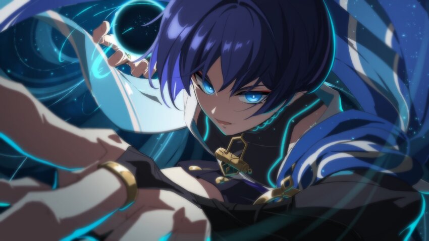 1boy anime_coloring aqua_background armor bent_over black_bodysuit black_bridal_gauntlets black_shorts blue_cape blue_eyes blue_sleeves blunt_ends bodysuit bridal_gauntlets bright_pupils cape colored_inner_hair covered_collarbone eyeliner eyeshadow furisode genshin_impact glowing glowing_eyes glowing_markings glowing_pupils gold gold_ring hair_intakes hakama hakama_shorts hand_focus highres incoming_attack japanese_armor japanese_clothes kimono kote kurokote looking_at_viewer makeup making-of_available male_focus middle_ring multicolored_hair open_clothes open_hands open_kimono open_mouth outstretched_arm person_on_shoulder pleated_shorts pochi-a purple_hair red_eyeliner red_eyeshadow scaramouche_(genshin_impact) shorts solo tsurime vortex wanderer_(genshin_impact) white_kimono white_pupils white_sleeves white_trim wind
