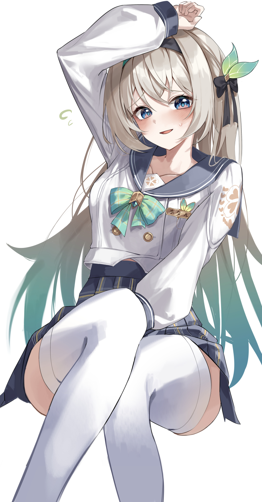 1girl absurdres black_hairband black_ribbon blue_sailor_collar blue_skirt blush bow bowtie buttons closed_mouth collared_shirt commentary double-breasted firefly_(honkai:_star_rail) firefly_(spring_missive)_(honkai:_star_rail) gradient_hair green_bow green_bowtie green_pupils grey_hair hair_between_eyes hair_intakes hair_ribbon hairband highres honkai:_star_rail honkai_(series) kimae long_hair long_sleeves multicolored_eyes multicolored_hair pleated_skirt ribbon sailor_collar shirt simple_background skirt smile solo sweatdrop thighhighs two-tone_eyes white_background white_shirt white_sleeves white_thighhighs