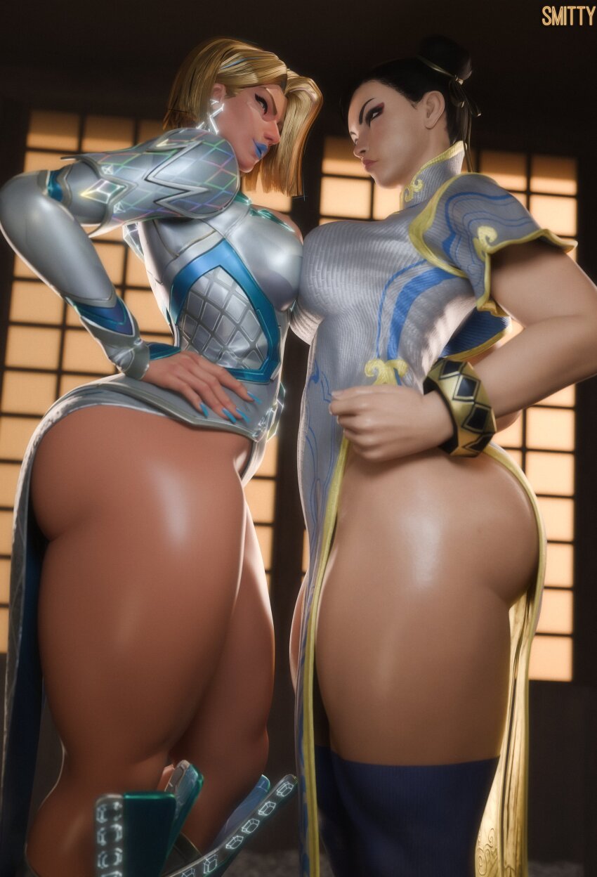2girls absurdres ass blonde_hair blue_lips blue_nails bracelet breast_press capcom chun-li crossover double_bun emma_frost fingernails hair_bun hands_on_own_hips highres huge_ass jewelry lipstick long_fingernails makeup marvel marvel_rivals multiple_girls no_pants rivalry smittt34 street_fighter street_fighter_6 symmetrical_docking thick_thighs thighs x-men